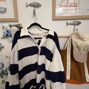 Aerie Navy & Cream Striped Rugby Pullover | XL